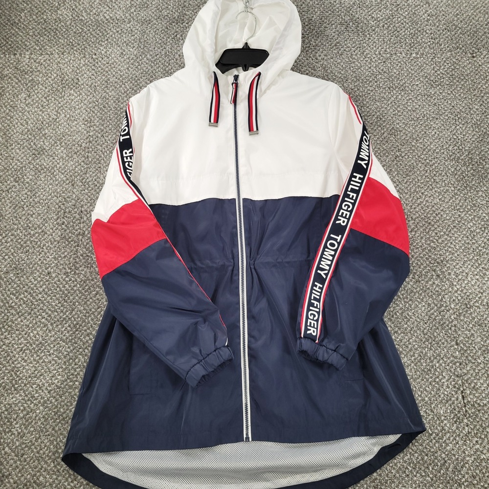 Tommy Hilfiger Womens Colorblock Hooded Windbreaker Jacket Navy White Red Large